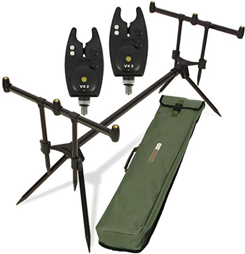G8DS® Set Rod Pod Rutenhalter + Tragetasche inklusive 2 Bissanzeiger mit Lautstärke- und Tonregler für + LED Karpfen…