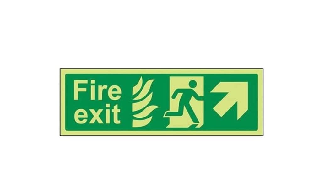 V Safety Glow In The Dark NHS Fire Exit Arrow Up Right Sign - 450mm x 150mm - Self Adhesive Vinyl