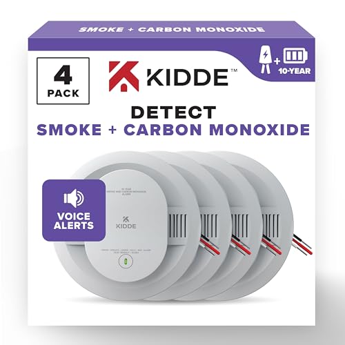 Kidde Hardwired Smoke & Carbon Monoxide Detector, 10-Year Battery Backup, Voice Alerts, Interconnectable LED Warning Light Indicators, 4 Pack Kidde Hardwired Smoke & Carbon Monoxide Detector, 10-Year Battery Backup, Voice Alerts, Interconnectable LED Warning Light Indicators, 4 Pack