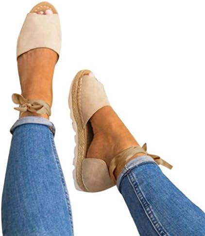 Creazrise Womens Summer Flat Lace Up Espadrilles Shoes Ladies Chunky Holiday Peep-Toe Sandals Beige