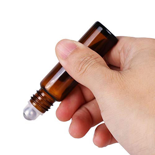 24, 10ml Amber THICK Glass Roller Bottles Big Steel Roll Ball for Aromatherapy Essential Oils (24 Labels, 3 Droppers, 1 Funnel, 1 Extra Roller Balls, 1 Bottle Opener)