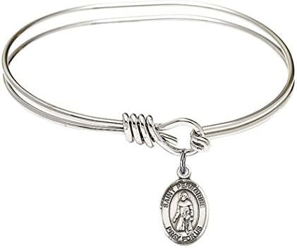 Rhodium Plate Oval Eye Hook Twist Bangle Bracelet with Saint Peregrine Laziosi Petite Charm, 5 3/4 Inch