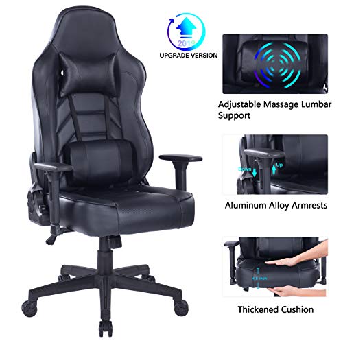 Blue Whale Gaming Chair with Massage Lumbar Pillow, PC Computer Video Game Racing Chair Reclining Executive Ergonomic Office Desk Chair with Headrest BW/291Black