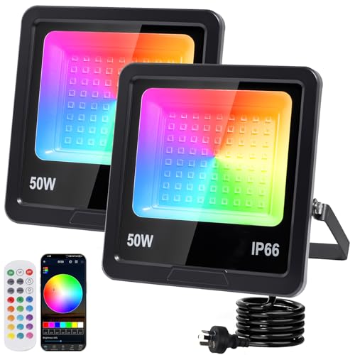 Indmird 2 x LED RGB Outdoor Spotlight 50 W, Outdoor RGB LED Projector with 2.4 G Remote Control and Bluetooth App, IP66 Waterproof Dimmable LED Spotlights Colours for Halloween Christmas Garden Party