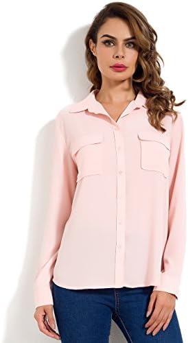 MRLZ Women's Casual Loose Button Down Blouse with Pockets Long Sleeve Chiffon Shirt, Pink, Large, US10