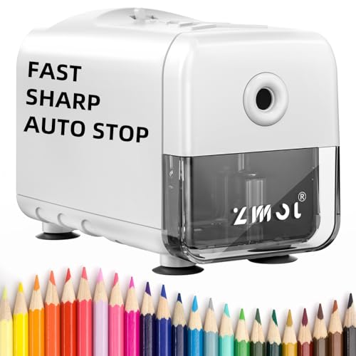 ZMOL Electric Pencil Sharpener, Heavy Duty Classroom Plug-in Sharpener, 10000 Uses, 3 Sharpness Settings, Auto Stop, Fast Sharpening for 6.5-8mm Coloured Pencils, Teachers/Kids/School/Desktop, White