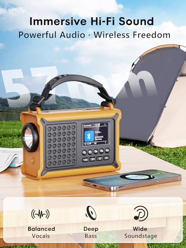 ROCAM DAB+/FM Radio with Bluetooth, 12000 mAh Crank Radio with 8500 mm² Solar Panel & 650 mA Crank, Portable Solar Digital Radio with 2.4 Inch Colour Display, 80 Transmitters, SOS, LED Torch, USB, IPX6 for Outdoor Use