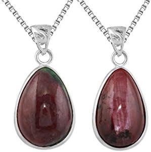 Sterling Silver Natural Ruby Zoisite Teardrop Shaped Gemstone Pendant Necklace 30"