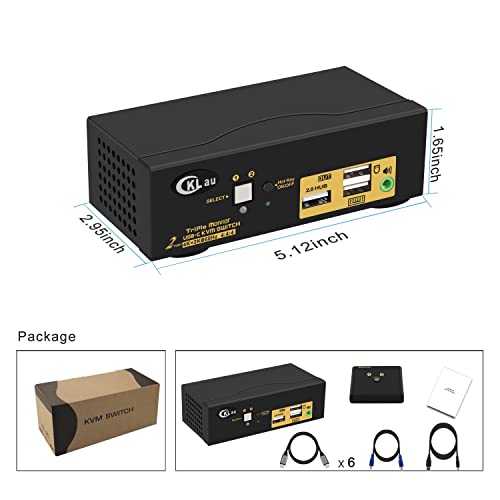 CKLau 2 Port Triple Monitor KVM USB C, 3 Monitor KVM Switch USBC with