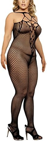 YAXIUFEN Women Black Sexy Bodystocking Hollow Fishnet Lingerie Halter Crotchless Bodysuit Cupless Chemise Nightwear