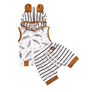 95sCloud Baby 2 stuks kledingset kinderen kledingset muts veer print mouwloos shirts met capuchon + strepen korte broek…