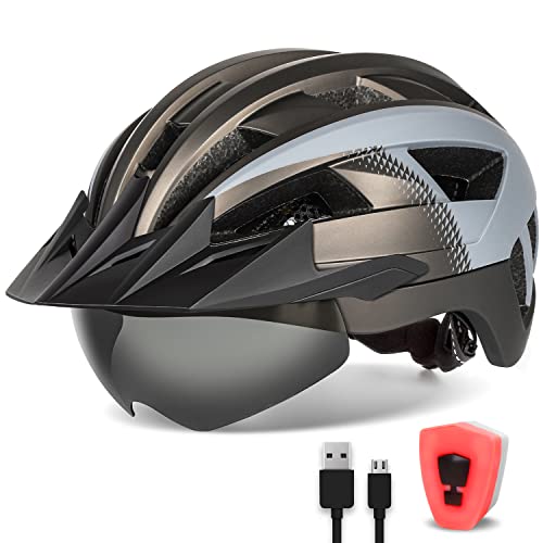 FUNWICT Fahrradhelm mit Visier für Herren Damen, Leichte Fahrradhelm mit Magnetischem Brille und USB-Aufladung LED Licht, Stylisch Mountainbike Helm (