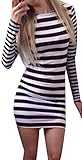 Papijam Womens Casual Striped Long Sleeve Sexy Bodycon Tshirt Dress Black White Medium