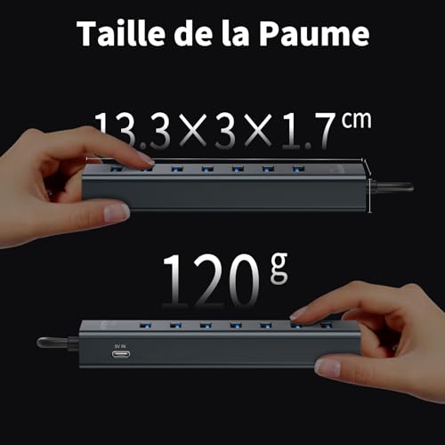 7 Port USB 3.0 Hub – Aluminium USB Hub with 120 cm Cable for Desktop, USB Multiport Adapter with USB 3.0 5Gbps, 5V 3A Type-C for PC, Laptop, MacBook, MacBook, Mouse, Keyboard, U Disk etc.