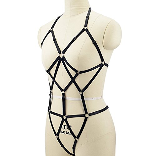 Women Sexy Full Cage Body Harness Lingerie Belt Set Strap Hollow Top Bra Goth Fetish Wear (Black N0095)