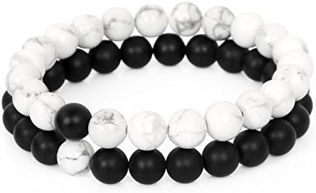 Dilusso Yin Yang Howlite & Matte Agate Gemstone Beaded Matching Couples Bracelet His & Hers