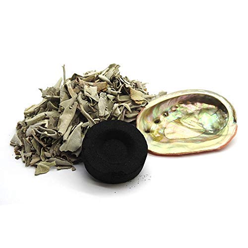 Loose Natural Fresh Californian White Sage, Abalone Shell and Charcoal Disc for Smudging - Incense