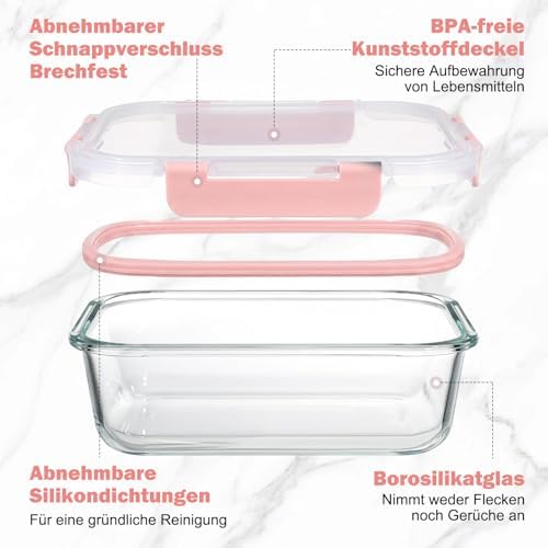 Glasbehälter mit Deckel, 10 Teile Stapelbar & Luftdicht Meal Prep Boxen Glas für Spülmaschine, Mikrowelle & Gefrierschrank, Auslaufsicher, BPA-Frei, Rosa