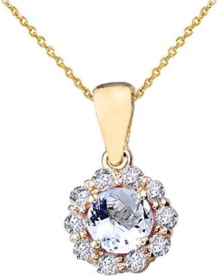 Dainty 14k Yellow Gold Diamond Floral Center Stone Aquamarine Pendant Necklace, 22" Chain