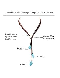 Bohemia Collar sintético turquesa hecho a mano Vintage en forma de Y con auténtica piel marrón plana.