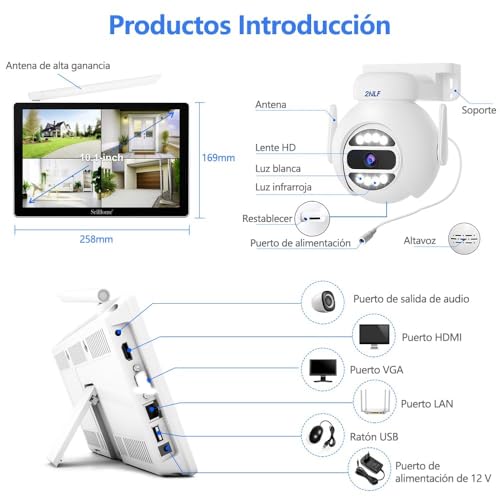 2NLF Kit de Cámaras de Vigilancia Exterior Inalámbrica WiF | Monitor Táctil LCD de 10,1", Cámara de Seguridad de 5MP, Detección de Movimiento, Visión Nocturna en Color, Impermeable IP66