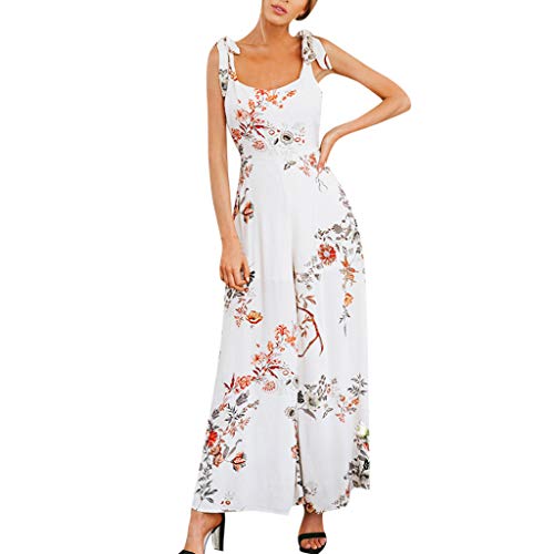 Mysky Fashion Women Popular Sexy Backless Sweet Floral Print Sling Long Jumpsuit White