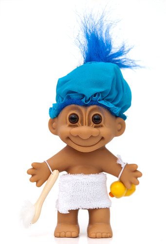 My Lucky Bath Time Shower Boy Troll w/Towel, Shower Cap, Brush & Rubber Ducky (Blue Hair)