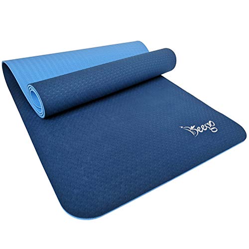 Beego Yoga Mat 1/4 inch Eco Friendly TPE Non Slip Yoga Pilates and Floor Exercise Mat with Carrying Strap (Blue)