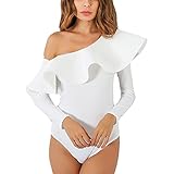 Antopmen Women's Slash Neck Long Sleeve Ruffles Bodysuit One Piece Jumpsuits (Medium, White)