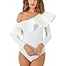 Antopmen Women's Slash Neck Long Sleeve Ruffles Bodysuit One Piece Jumpsuits (Medium, White)