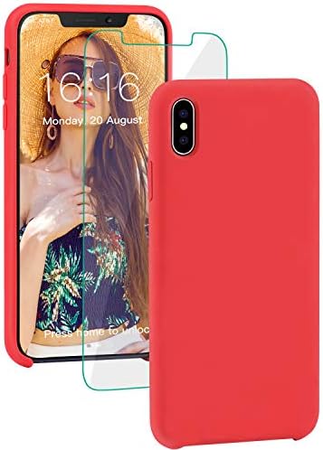 ProBien Case for iPhone X/iPhone XS, Soft Flexible Silicone Gel TPU Inner Edge Shockproof Bumper Cover with Free Tempered Screen Protective Case for New iPhone X/iPhone XS (5.8")-Red