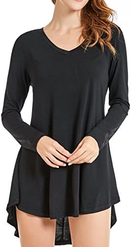 Olddnew Womens Long Sleeve Loose Fit Swing Tunic Tops V Neck Basic T Shirt (Black&amp;White) (XL, Black)