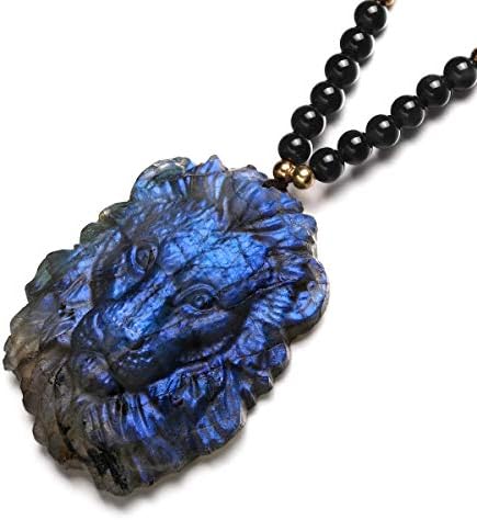 NATURSTON Spiritual Gemstone's Lion Head Carving Pendant Necklace Natural Labradorite Mens Animal Jewelry Amulet Gift