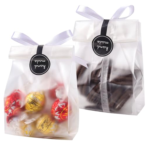 YunKo Cookie Bags for Gift Giving Cellophane Clear Treat Bags for Favors Mini Loaf, Bundt Cake, Hot Cocoa Bomb Packaging With Stickers (100PACK, Translucent)