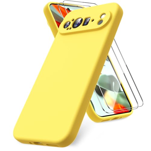 Vansdon for Google Pixel 9 Pro XL Case, 2 Pack Tempered Glass Screen Protectors, Soft TPU Liquid Silicone, Shockproof Rubber Silicone Gel Case-Yellow