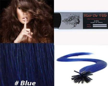 200 Strands Micro Ring Links Locks Beads Keratin Stick I Tip Straight Remy Human Hair Extensions Blue Color 0.75g/strand 22" Long By Hair De Ville