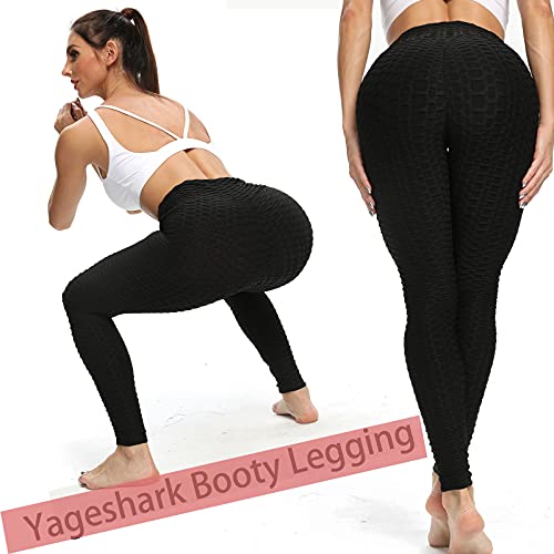 Yageshark Women\'s Yoga Pants Leggings High Waisted Anti Cellulite Tummy Control Textured Booty Scrunch Butt Lifting Black