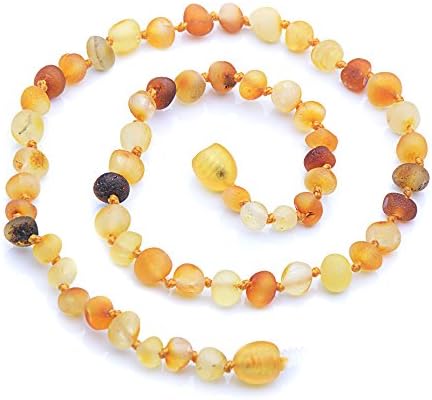 Genuine Amber - Baby Unisex Teething Necklace - 12.6 Inches - Mixed Colors - 100% Natural Baltic Amber Raw Not Polished Beads - Natural Pain Relief - Knotted Between Beads - With Plastic Screw Clasp