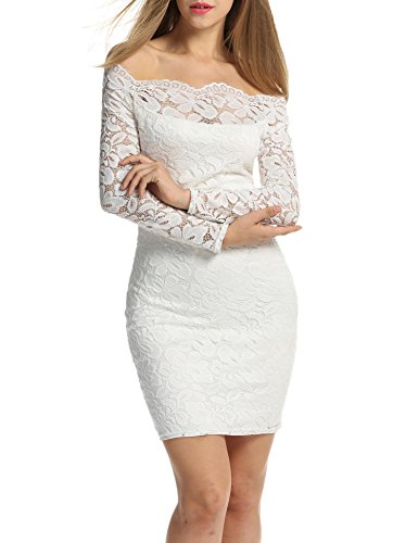 Cindere Women's Floral Lace Off-Shoulder Elegant Bodycon Cocktail Party Wedding Dress,White,Large - Thumbnail 2