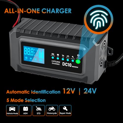 Intelligent Battery Charger 10A 12V/24V for Car and Motorcycle – Automatic LCD Charger, Winter/Summer Mode, Multiple Protection and Repair Function, for AGM, EFB, Gel Lead-Acid Batteries