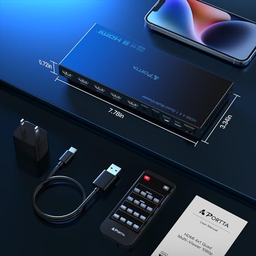 HDMI Multiviewer Switch 4x1 with Pip, PORTTA Quad Multi Viewer Seamless Switch 4 in 1 out with Toslink, 3.5mm Audio Output Support 1080p 60Hz, 6 Viewing Modes, Downscaler, Compatible with PS4 Xbox