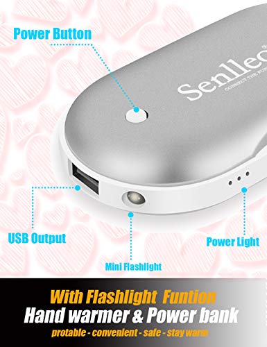 Senlleo Hand Warmer, Rechargeable Hand Warmer : 5200mAh Battery Hand Warmer/Powerbank with Mini Flashlight Function, Double-Sided Warmer Winter Gift for Girl/Men/Women(Silver)