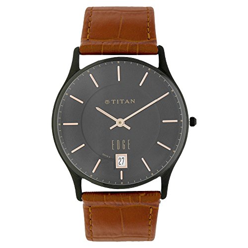 Titan Men's 'Edge' Quartz Stainless Steel and Leather Dress Watch, Color:Brown (Model: 1683NL01)