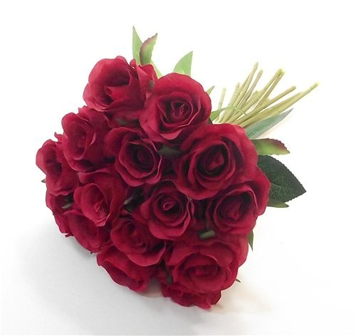 FS 25cm Artificial Red Mini Rose Rosebud Bundle Posy with 15 Flower Heads/Stems - Home Wedding