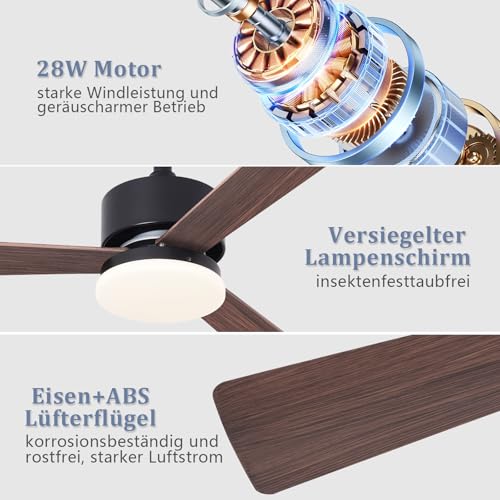 Homefire Ceiling Fan LED Light - 51.5 Inch Ceiling Light for Living Room Quiet 3 Blades Dimmable Large Size Modern Ceiling Light with Remote Control