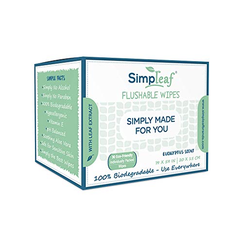 Simpleaf Flushable Single Pack Wet Wipes | Eco- Friendly, Paraben & Alcohol Free | Hypoallergenic & Safe for Sensitive Skin | Aloe Vera Formula with Eucalyptus Scent | Travel Size | 30 Count