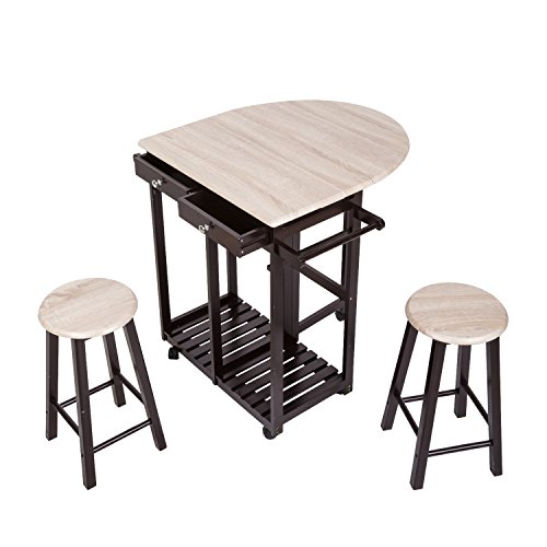 Peach Tree 3-Piece Table Dining Set Home Kitchen Furniture Wooden Rolling Kitchen Trolley Cart Island Foldable Table Drop Leaf, Breakfast Bar, Dining Table Set w/2 Stools