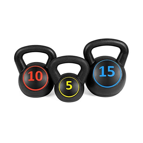 Best Choice Products 3-Piece Kettlebell Set with Storage Rack, HDPE Coated Exercise Fitness Concrete Weights for Home Gym, Strength Training, HIIT Workout 5lb, 10lb, 15lb - Image 4