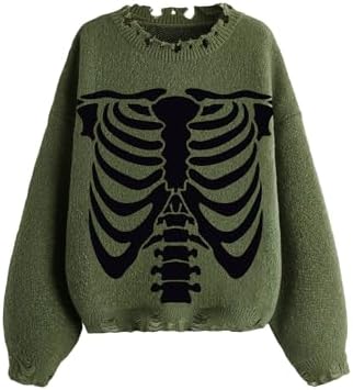 Unisex Long Sleeve Sweater Harajuku Skeleton Bone Print Ripped