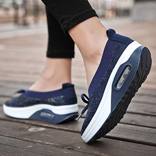 Emimarol Womens Walking Tennis Shoes Slip On Light Weight Mesh Platform Air Sneakers Dark Blue